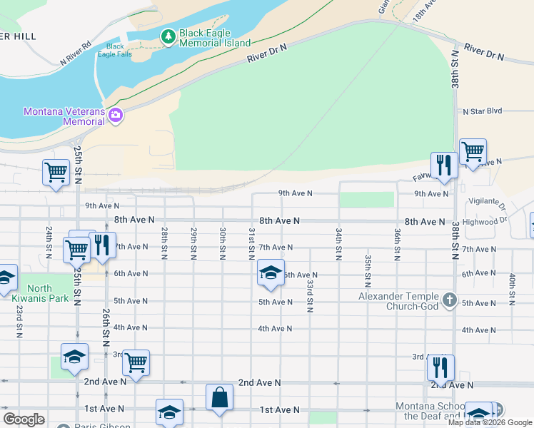 map of restaurants, bars, coffee shops, grocery stores, and more near 3105 8th Avenue North in Great Falls