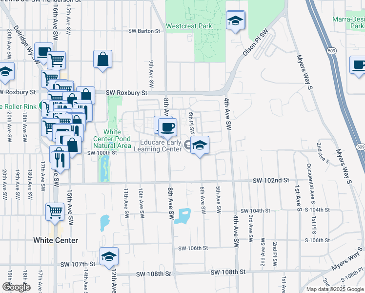 map of restaurants, bars, coffee shops, grocery stores, and more near SW 100th St & 7th Ave SW in Seattle