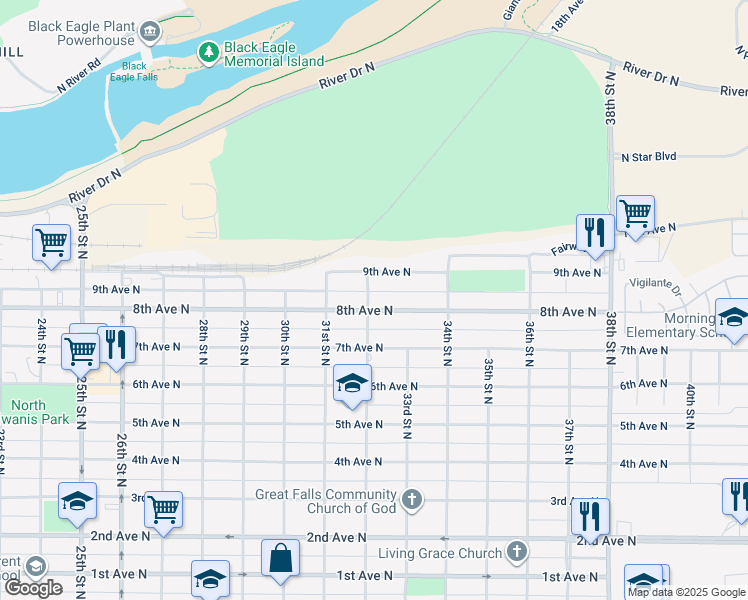 map of restaurants, bars, coffee shops, grocery stores, and more near 3201 8th Avenue North in Great Falls