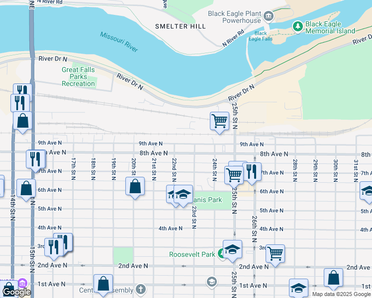 map of restaurants, bars, coffee shops, grocery stores, and more near 2219 8th Avenue North in Great Falls
