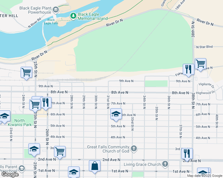 map of restaurants, bars, coffee shops, grocery stores, and more near 3105 8th Avenue North in Great Falls
