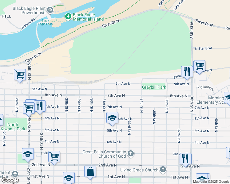 map of restaurants, bars, coffee shops, grocery stores, and more near 3201 8th Avenue North in Great Falls