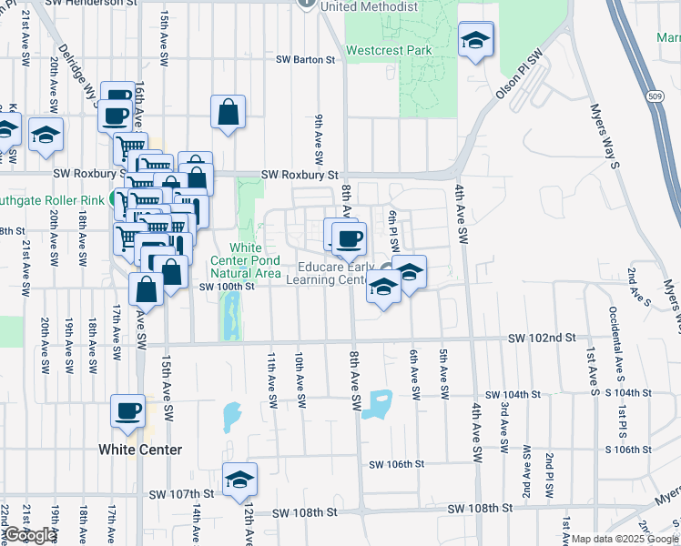 map of restaurants, bars, coffee shops, grocery stores, and more near 9935 8th Avenue Southwest in Seattle