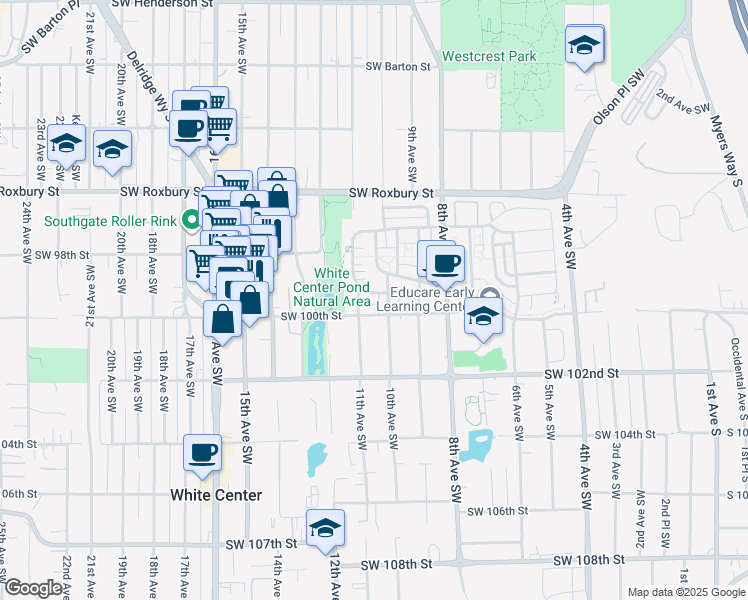 map of restaurants, bars, coffee shops, grocery stores, and more near 1096 Southwest 100th Street in Seattle