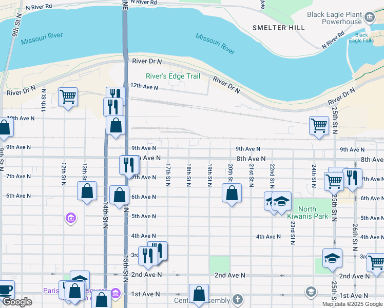 map of restaurants, bars, coffee shops, grocery stores, and more near 1801 8th Avenue North in Great Falls