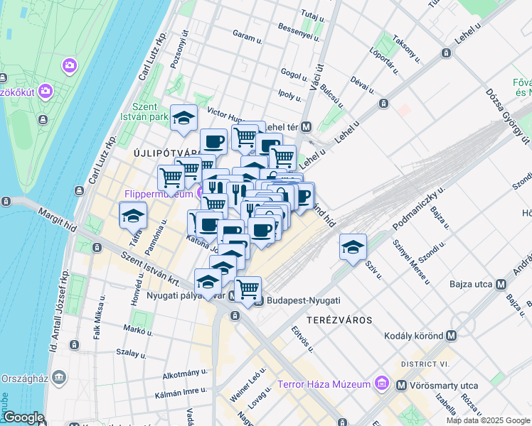 map of restaurants, bars, coffee shops, grocery stores, and more near in Budapest