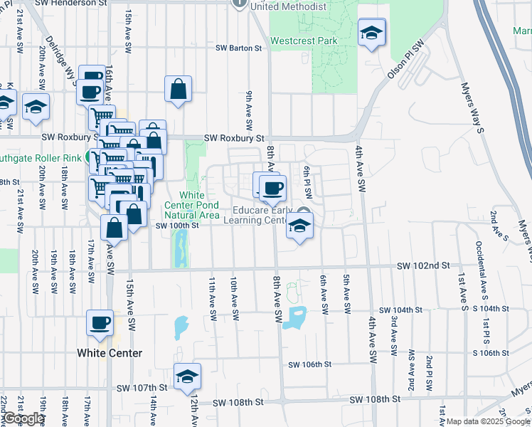 map of restaurants, bars, coffee shops, grocery stores, and more near 9935 8th Avenue Southwest in Seattle