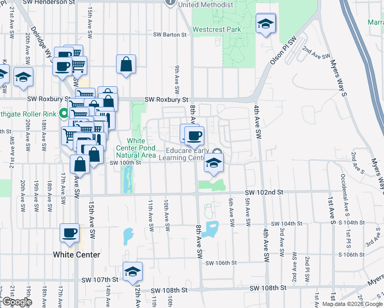 map of restaurants, bars, coffee shops, grocery stores, and more near 9935 8th Avenue Southwest in Seattle