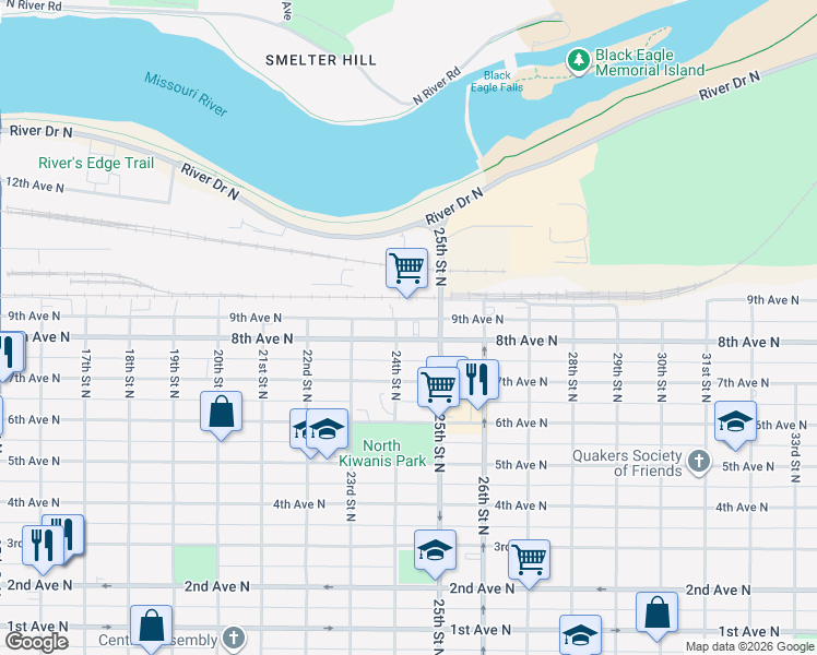 map of restaurants, bars, coffee shops, grocery stores, and more near 2405 8th Avenue North in Great Falls