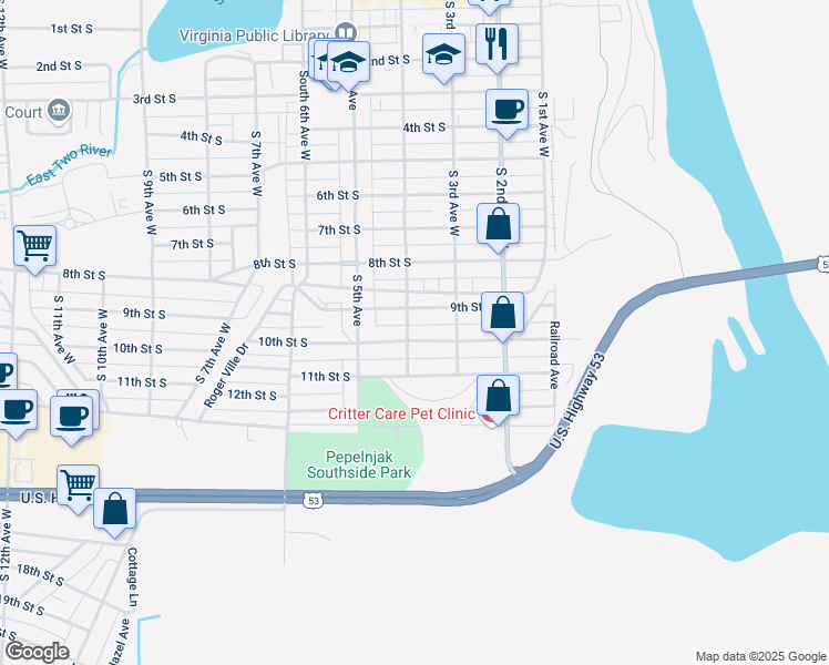 map of restaurants, bars, coffee shops, grocery stores, and more near 331 10th Street South in Virginia