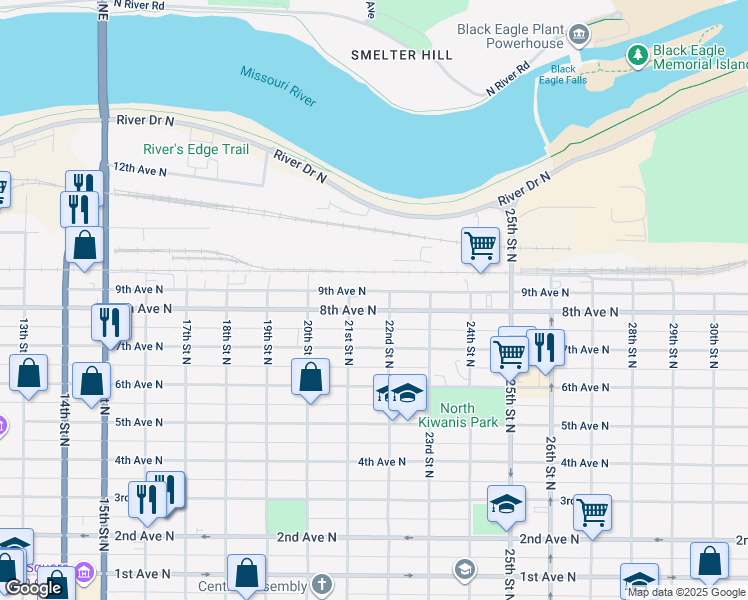 map of restaurants, bars, coffee shops, grocery stores, and more near 2119 8th Avenue North in Great Falls