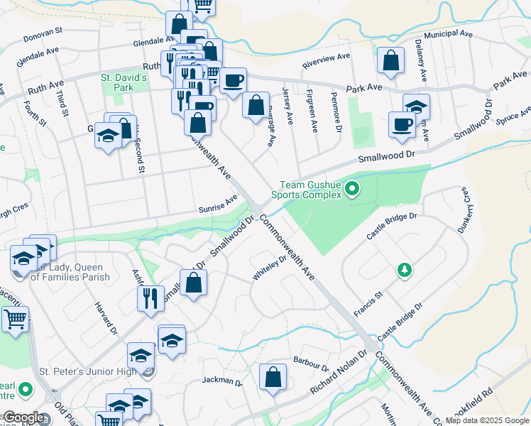 map of restaurants, bars, coffee shops, grocery stores, and more near 147 Smallwood Drive in Mount Pearl