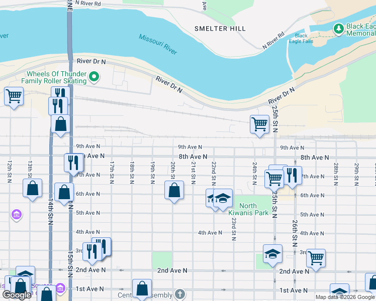 map of restaurants, bars, coffee shops, grocery stores, and more near 2021 8th Ave N in Great Falls