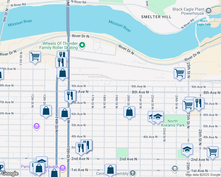 map of restaurants, bars, coffee shops, grocery stores, and more near 1801 8th Avenue North in Great Falls