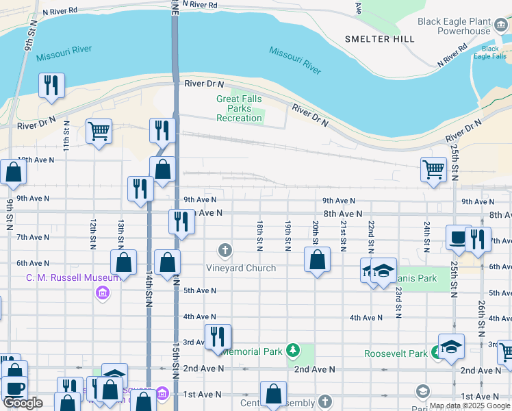 map of restaurants, bars, coffee shops, grocery stores, and more near 1801 8th Avenue North in Great Falls