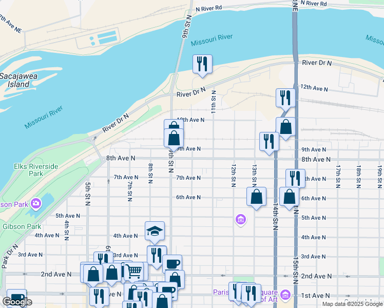 map of restaurants, bars, coffee shops, grocery stores, and more near 914 8th Avenue North in Great Falls