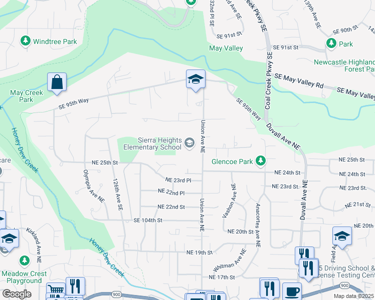 map of restaurants, bars, coffee shops, grocery stores, and more near 2501 Union Avenue Northeast in Renton