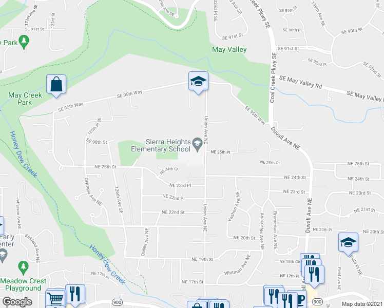 map of restaurants, bars, coffee shops, grocery stores, and more near 2501 Union Avenue Northeast in Renton
