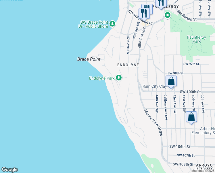 map of restaurants, bars, coffee shops, grocery stores, and more near 9843 51st Avenue Southwest in Seattle