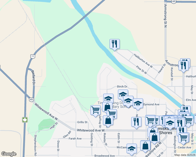 map of restaurants, bars, coffee shops, grocery stores, and more near 208 Jaffray Street in Temiskaming Shores