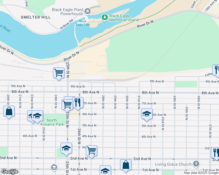 map of restaurants, bars, coffee shops, grocery stores, and more near 2813 9th Avenue North in Great Falls