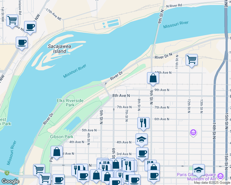 map of restaurants, bars, coffee shops, grocery stores, and more near 600 8th Ave N in Great Falls