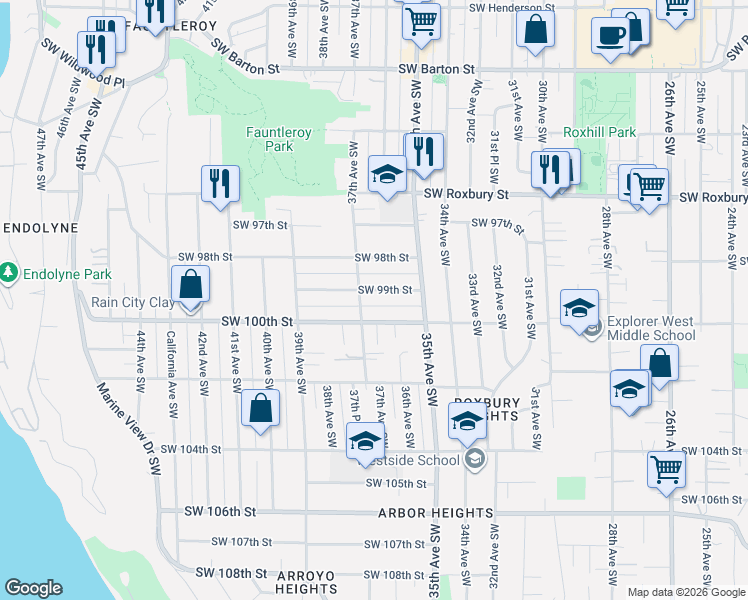 map of restaurants, bars, coffee shops, grocery stores, and more near 3558 Southwest 100th Street in Seattle