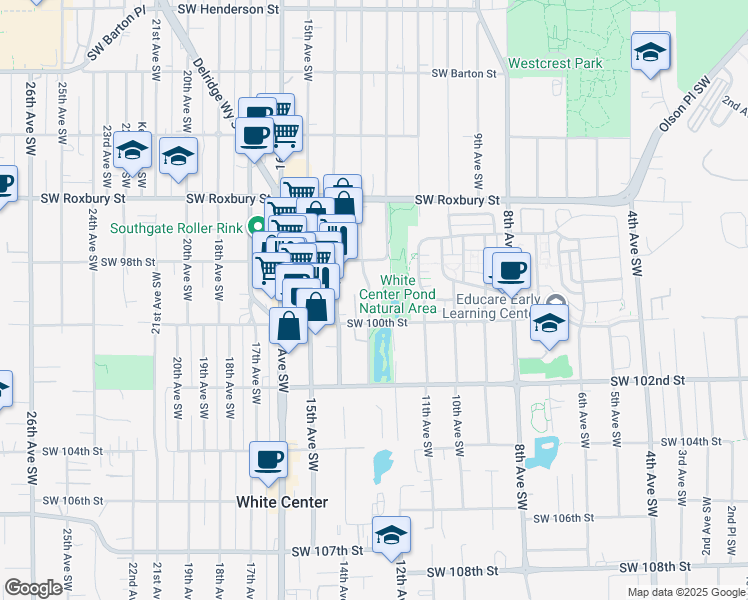 map of restaurants, bars, coffee shops, grocery stores, and more near 1220 Southwest 100th Street in Seattle