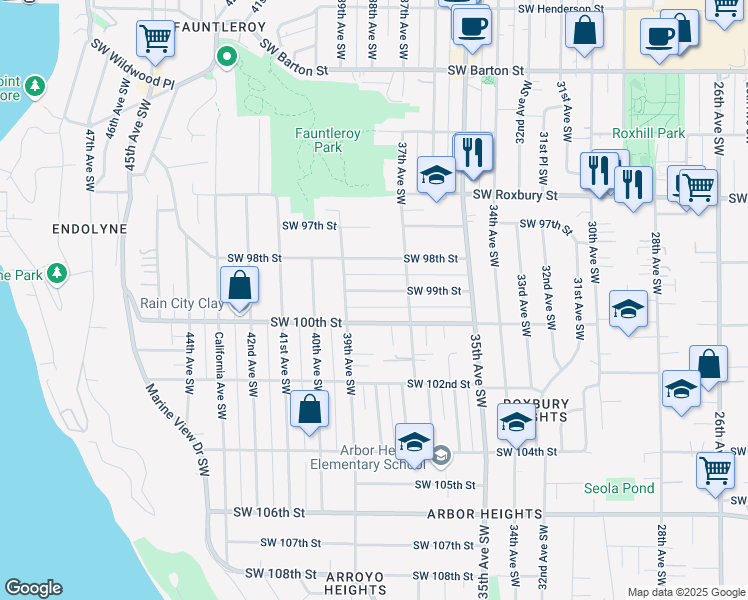 map of restaurants, bars, coffee shops, grocery stores, and more near 3732 Southwest 100th Street in Seattle