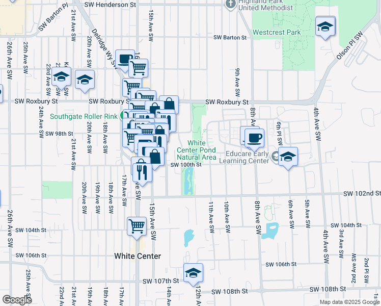 map of restaurants, bars, coffee shops, grocery stores, and more near 1220 Southwest 100th Street in Seattle