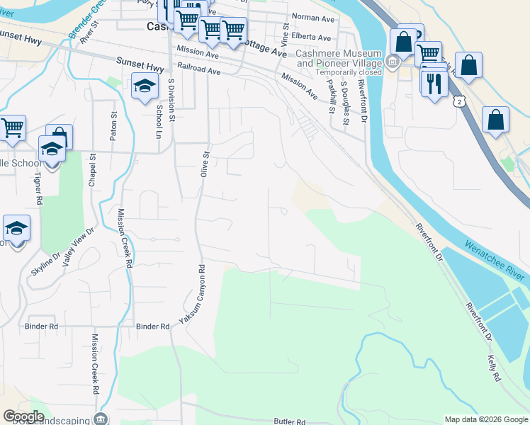 map of restaurants, bars, coffee shops, grocery stores, and more near 5300 Kennedy Road in Cashmere