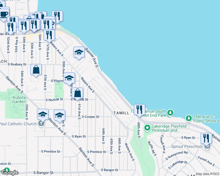 map of restaurants, bars, coffee shops, grocery stores, and more near 9812 Arrowsmith Avenue South in Seattle