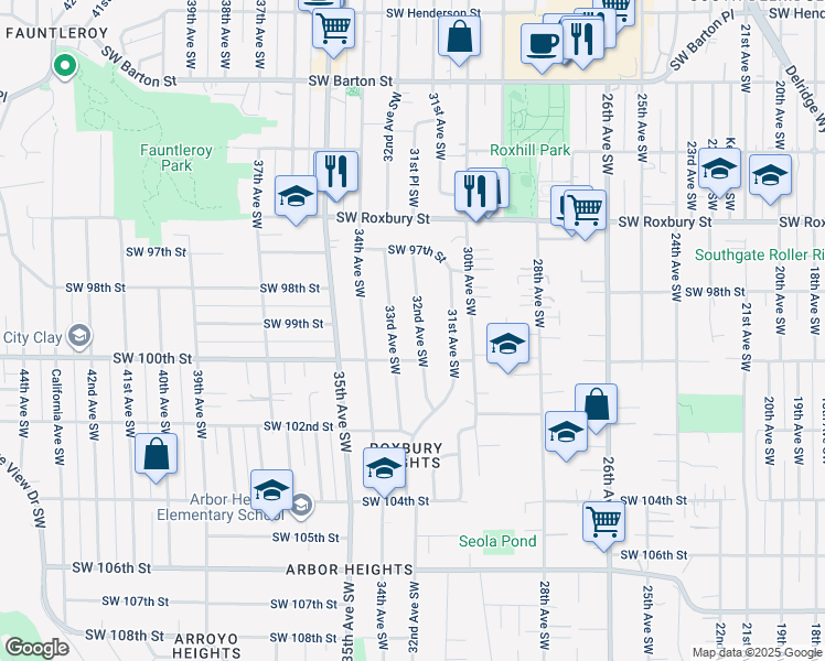 map of restaurants, bars, coffee shops, grocery stores, and more near 9924 32nd Avenue Southwest in Seattle