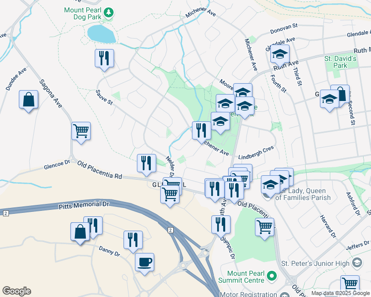 map of restaurants, bars, coffee shops, grocery stores, and more near 15 McGrath Crescent in Mount Pearl