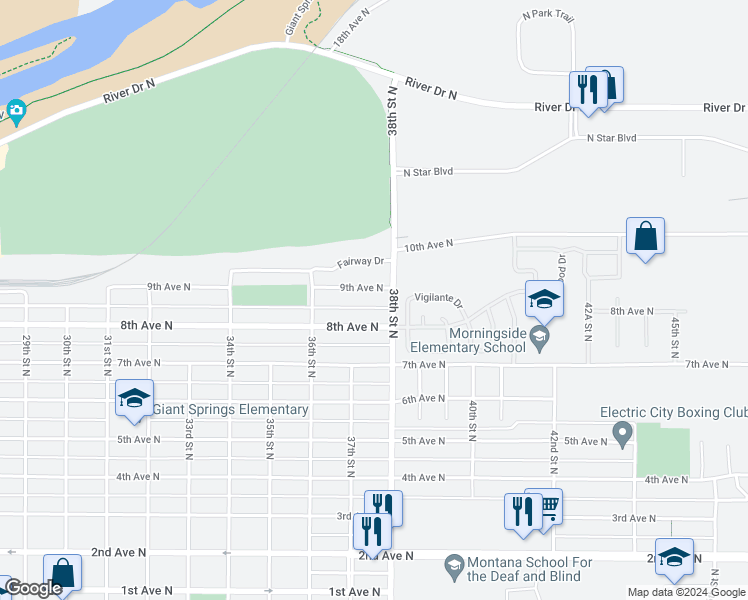 map of restaurants, bars, coffee shops, grocery stores, and more near 3701 8th Avenue North in Great Falls