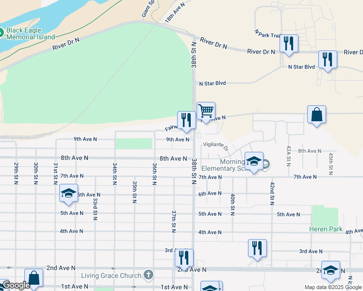 map of restaurants, bars, coffee shops, grocery stores, and more near 3701 8th Avenue North in Great Falls