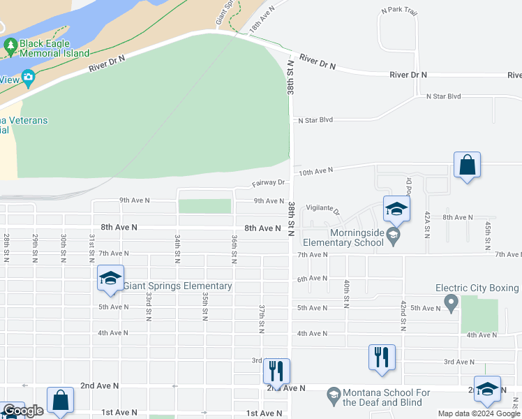 map of restaurants, bars, coffee shops, grocery stores, and more near 3701 8th Avenue North in Great Falls