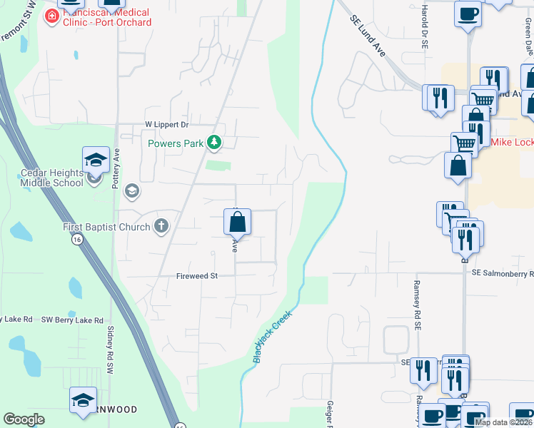 map of restaurants, bars, coffee shops, grocery stores, and more near 463 Flower Meadows Street in Port Orchard