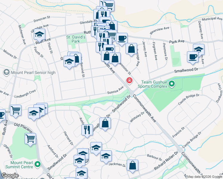 map of restaurants, bars, coffee shops, grocery stores, and more near 10 Sunrise Avenue in Mount Pearl