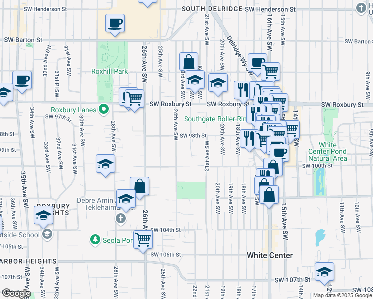 map of restaurants, bars, coffee shops, grocery stores, and more near 9827 22nd Avenue Southwest in Seattle