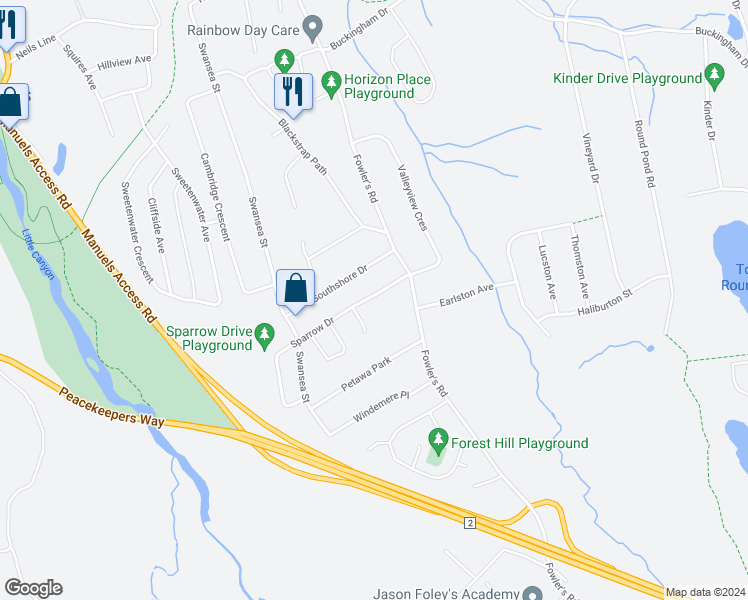 map of restaurants, bars, coffee shops, grocery stores, and more near 15 Sparrow Drive in Conception Bay South