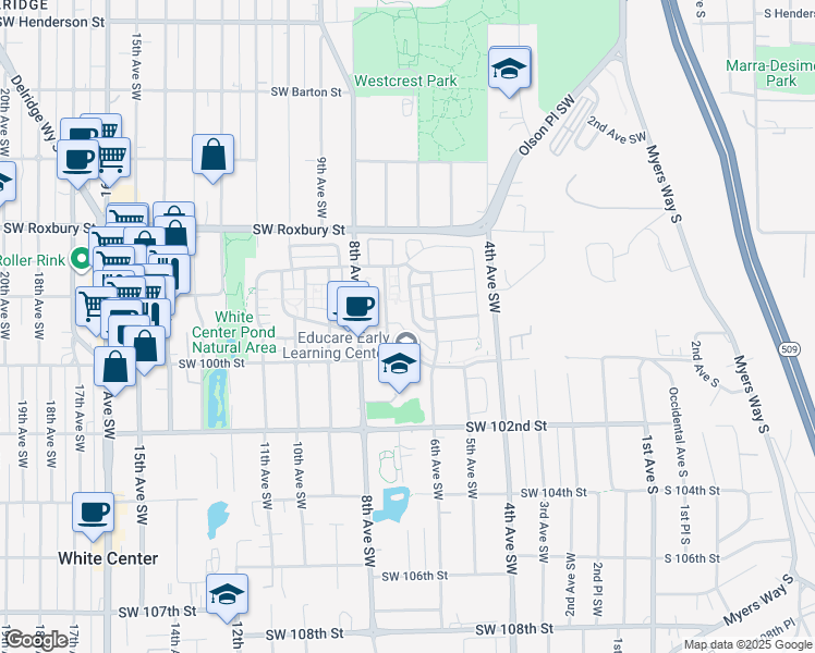 map of restaurants, bars, coffee shops, grocery stores, and more near 625 Southwest 100th Street in Seattle