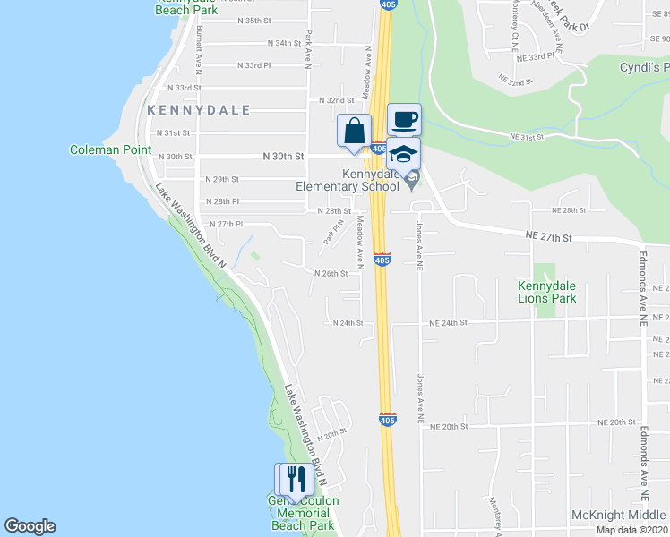 map of restaurants, bars, coffee shops, grocery stores, and more near 2625 Meadow Place North in Renton