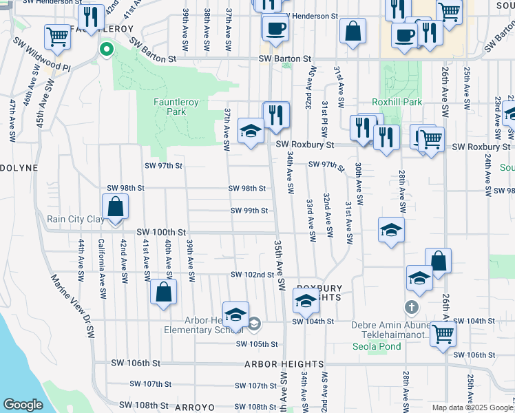 map of restaurants, bars, coffee shops, grocery stores, and more near 3524 Southwest 99th Street in Seattle