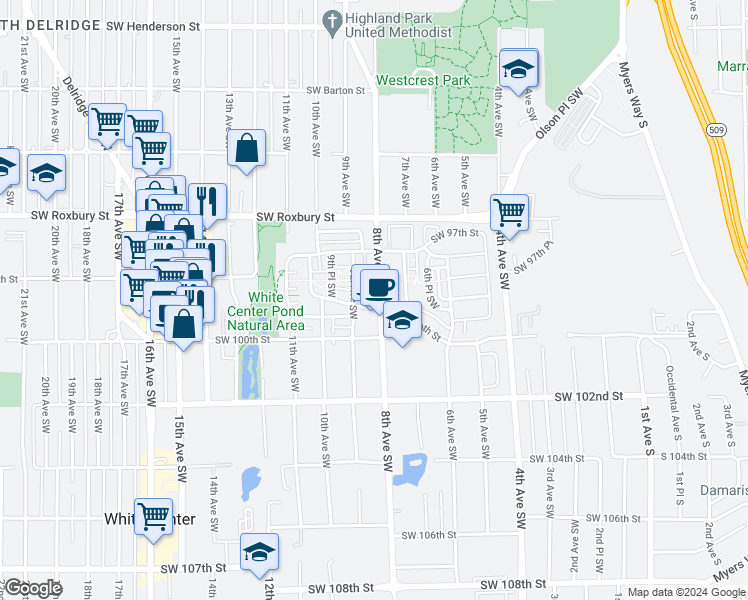 map of restaurants, bars, coffee shops, grocery stores, and more near 9742 9th Avenue Southwest in Seattle