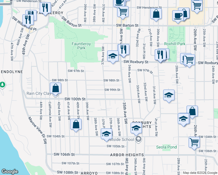 map of restaurants, bars, coffee shops, grocery stores, and more near 3559 Southwest 98th Street in Seattle