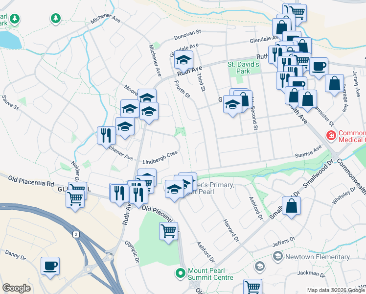 map of restaurants, bars, coffee shops, grocery stores, and more near 32 Lindbergh Crescent in Mount Pearl
