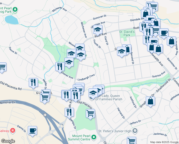map of restaurants, bars, coffee shops, grocery stores, and more near 8 Nelson Place in Mount Pearl