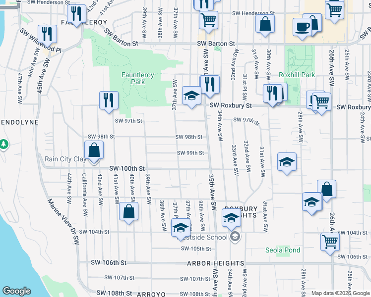 map of restaurants, bars, coffee shops, grocery stores, and more near 3559 Southwest 98th Street in Seattle