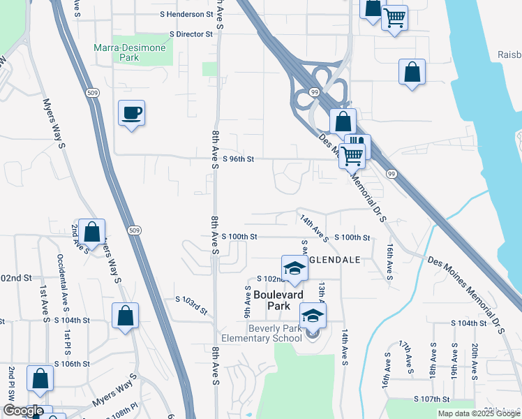map of restaurants, bars, coffee shops, grocery stores, and more near 1020 South 99th Street in Seattle